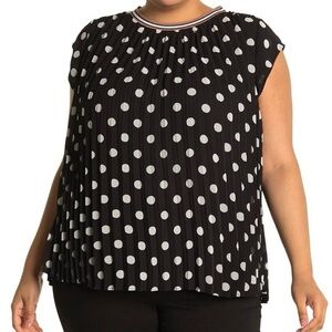 DR2 Polka Dot Pleated Blouse Short Sleeve Keyhole Back L